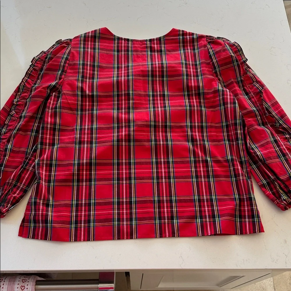 J. Crew Red Plaid Women's ruffle sleeve Blouse Size: M NWOT ✨